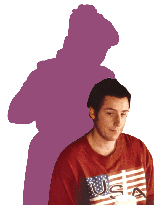 Image of Adam Sandler wearing a USA t-shirt and a silhouette of a person behind him