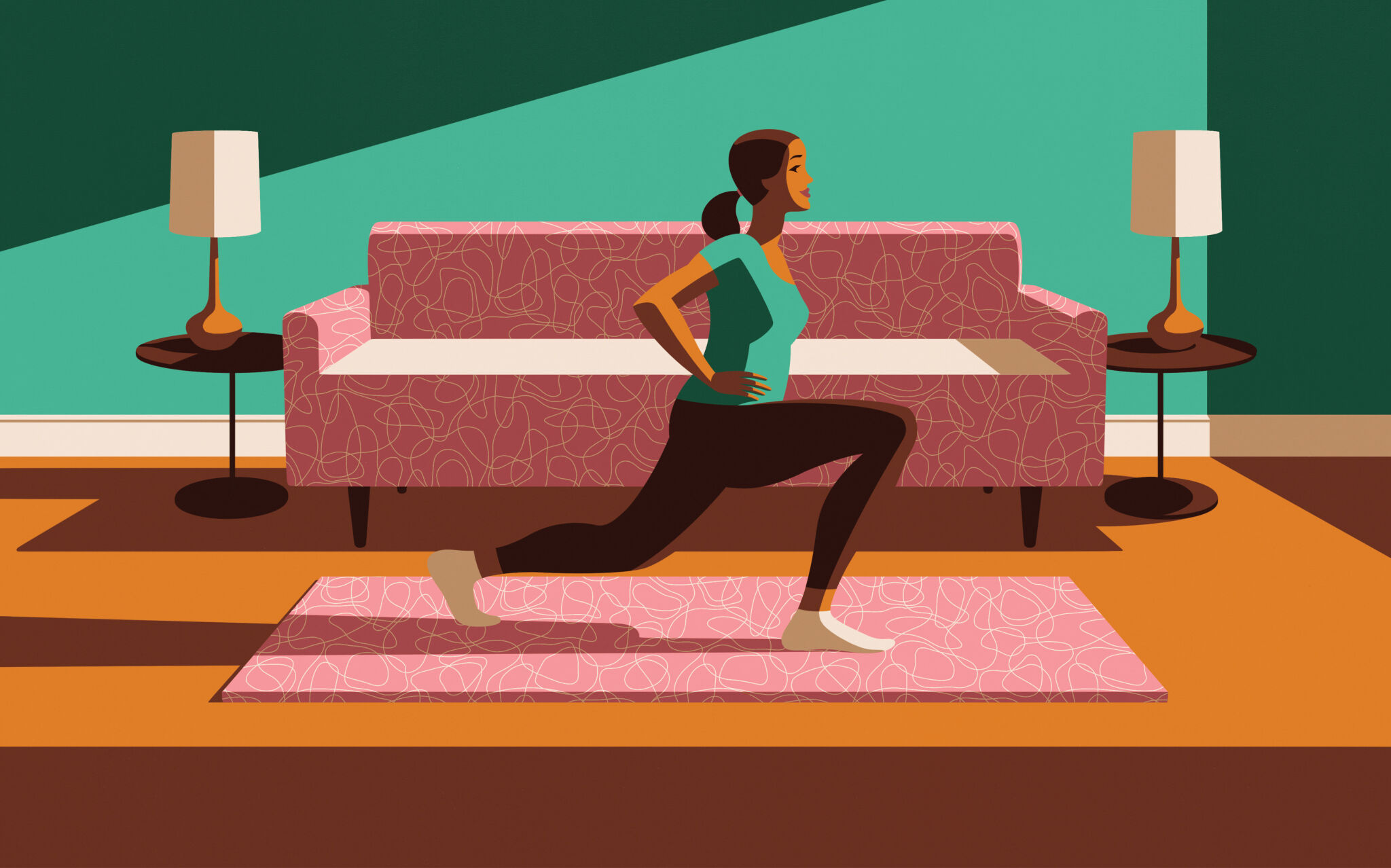 Illustration of a woman in her living room stretching&nbsp;
