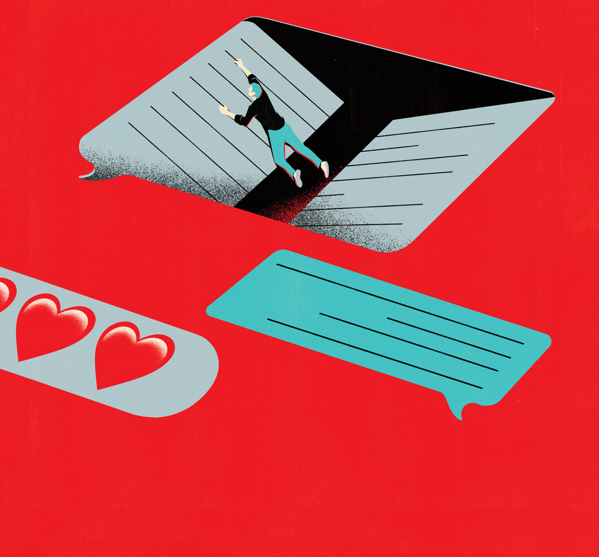 Illustration of 3 text messages. One message had red hearts, the other lines depicting text and the final one the text message opens up to a bottomless pit into which a person in a falling into&nbsp;