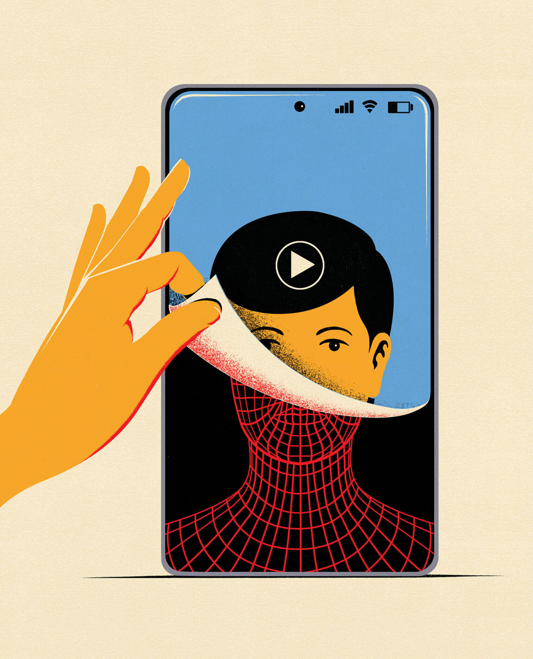 Illustration of a hand peeling off a phone screen to reveal another image below it. The image on top is of a person's face with a play button on it. The image below is dark and shows a digital skeleton of the person’s face.