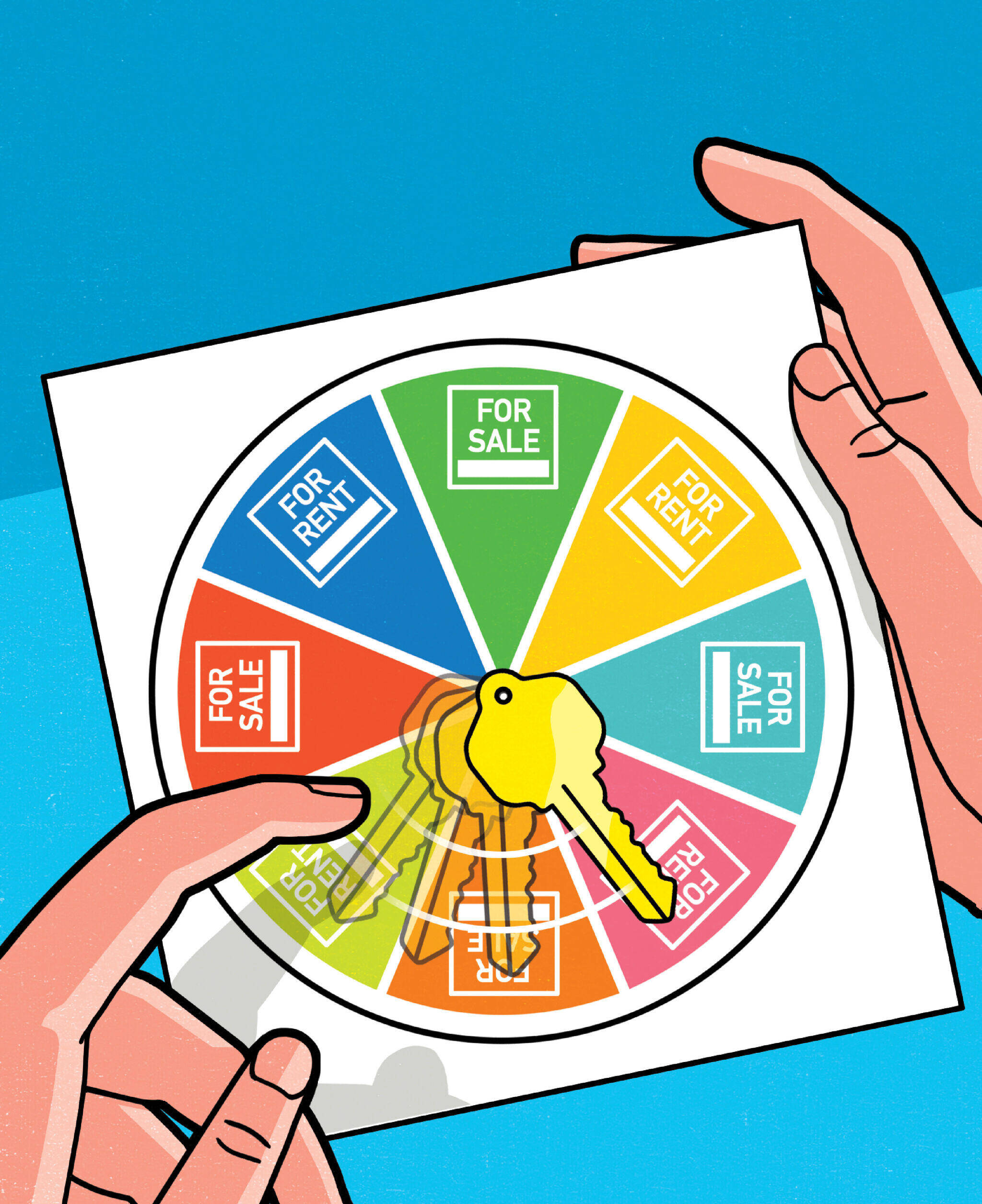 Illustration of a spinner wheel with a house key as the pointer. The options on the wheel interchange between “For sale” and “For rent”.
