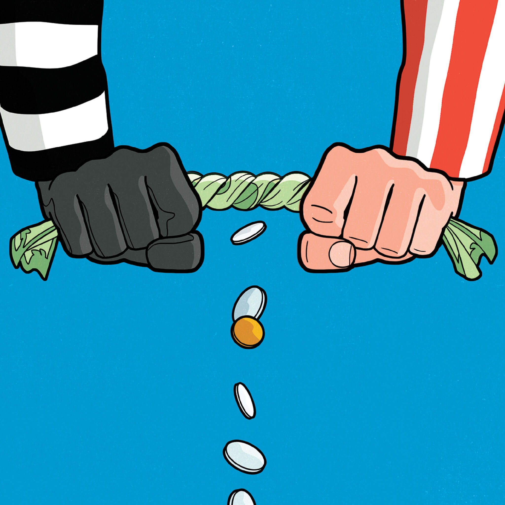 Illustration of hands wringing out money from a cloth. The sleve of the left hand is a prison shirt and the sleeve of the right hand is an American flag.