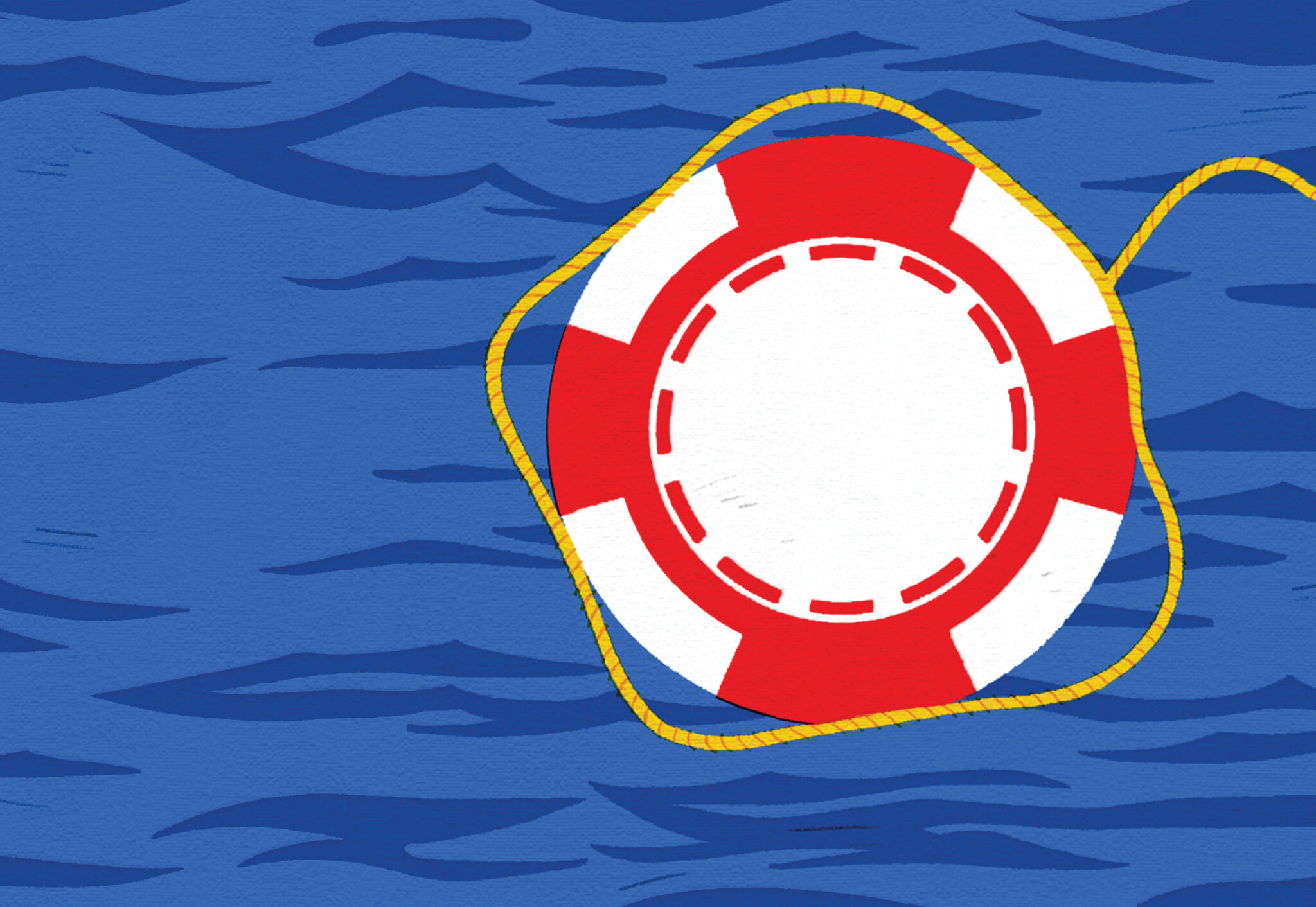 A red and white lifebuoy with a yellow thread floating in the water