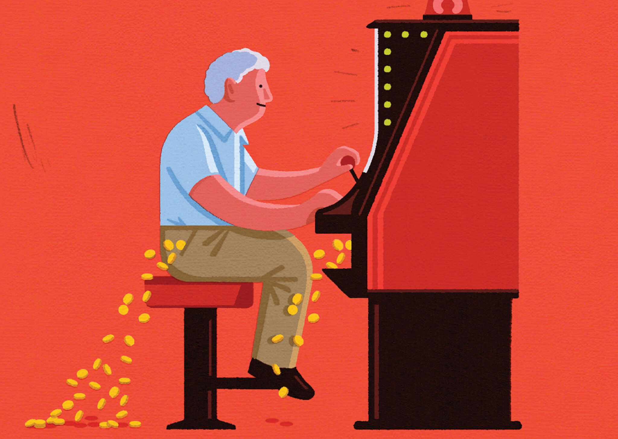 An older man sitting at the slot machine with money falling out of it
