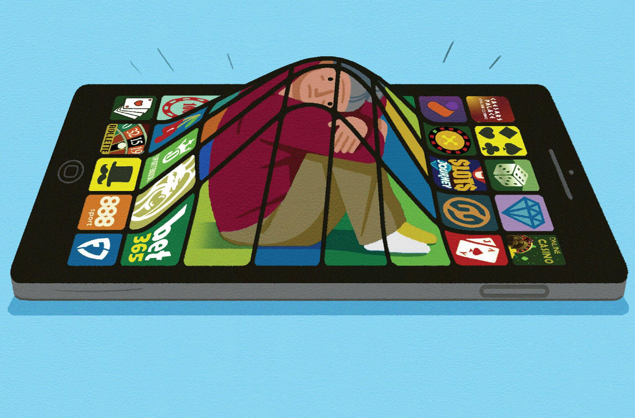 Illustration of a man trapped inside a phone screen