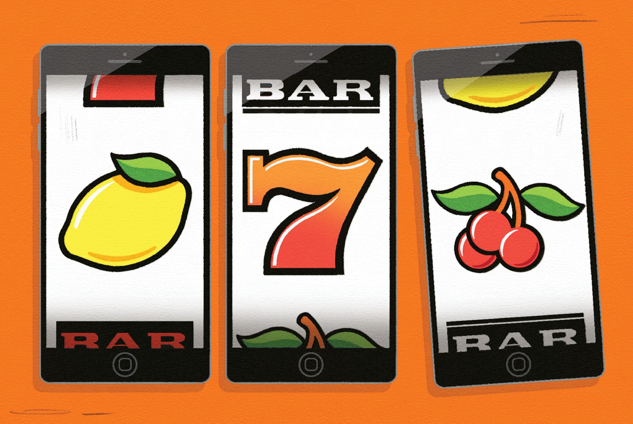 A slot machine made of phone screens. The images on the slots are a lemon, the number 7 and cherries.