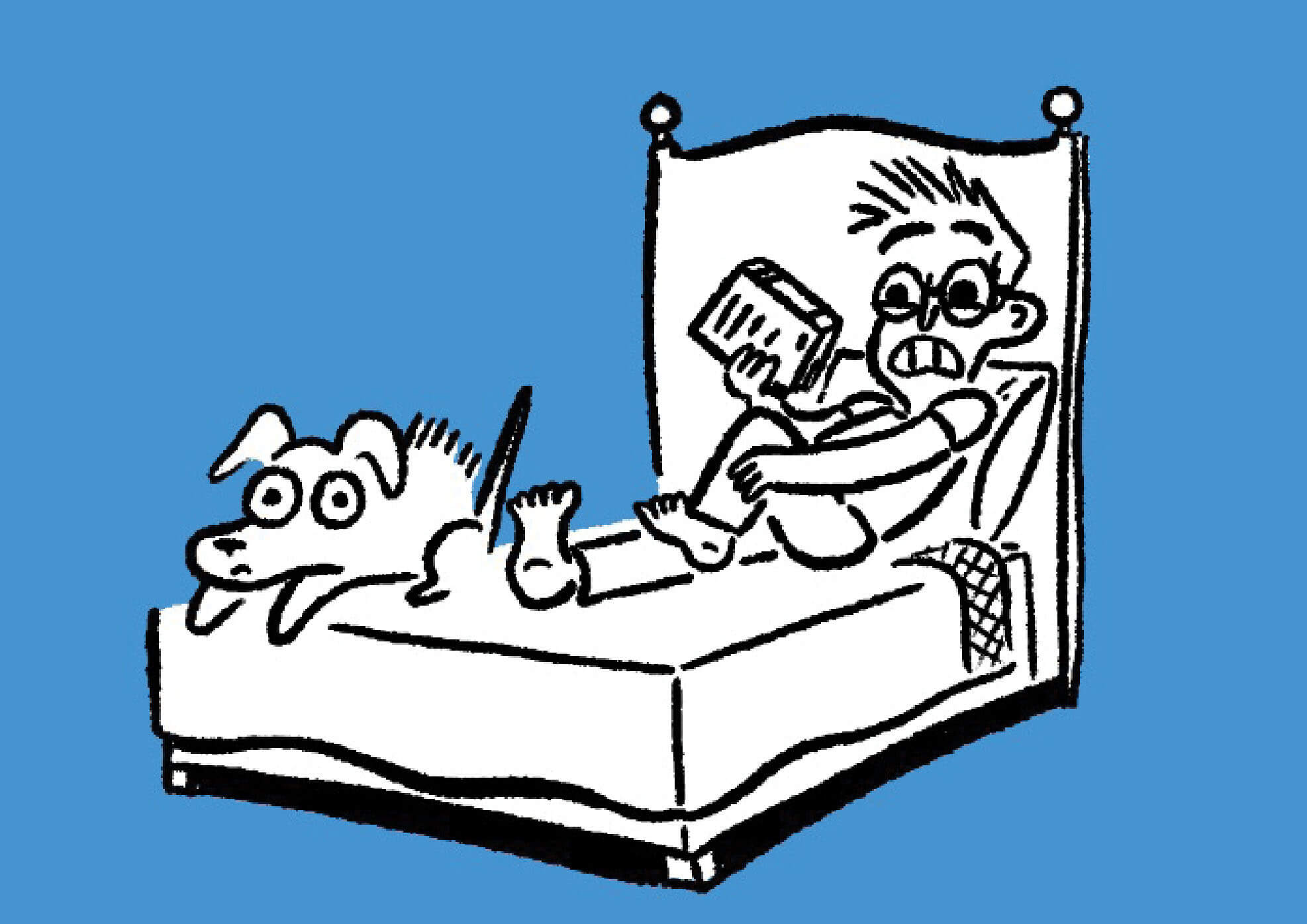 Illustration of a man sitting in bed reading a book and trying to get rid of a cramp in his leg. A dog sits by the foot of the bed along with him.