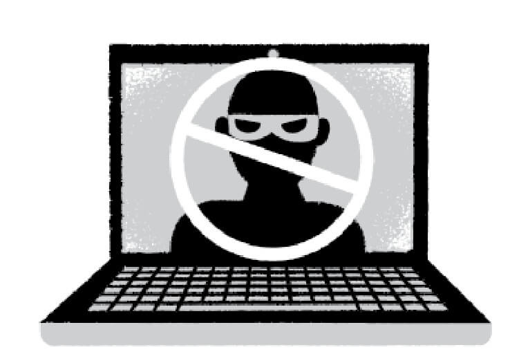 A laptop screen with a burglar on the screen with a stop sign symbol on it