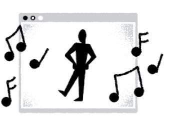 Illustration of a computer screen with a person dancing on the screen surrounded with musical notations.