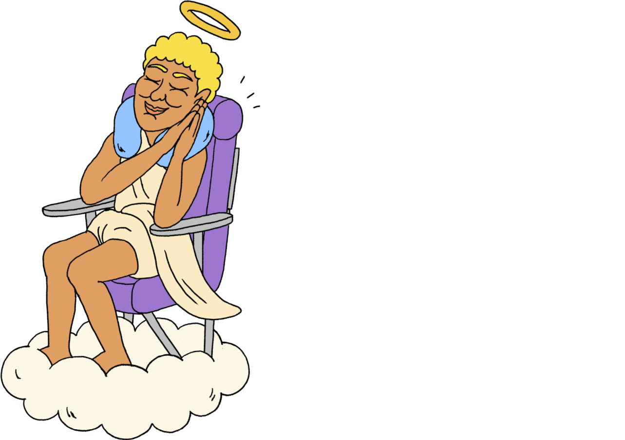 Humorous illustration of an angel in an airplane seat with a travel pillow around her neck sleeping comfortably