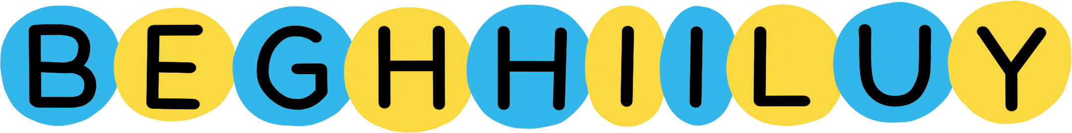 Illustrated graphic of blue and yellow circled letters that spell B, E, G, H, H, I, I, L, U and Y