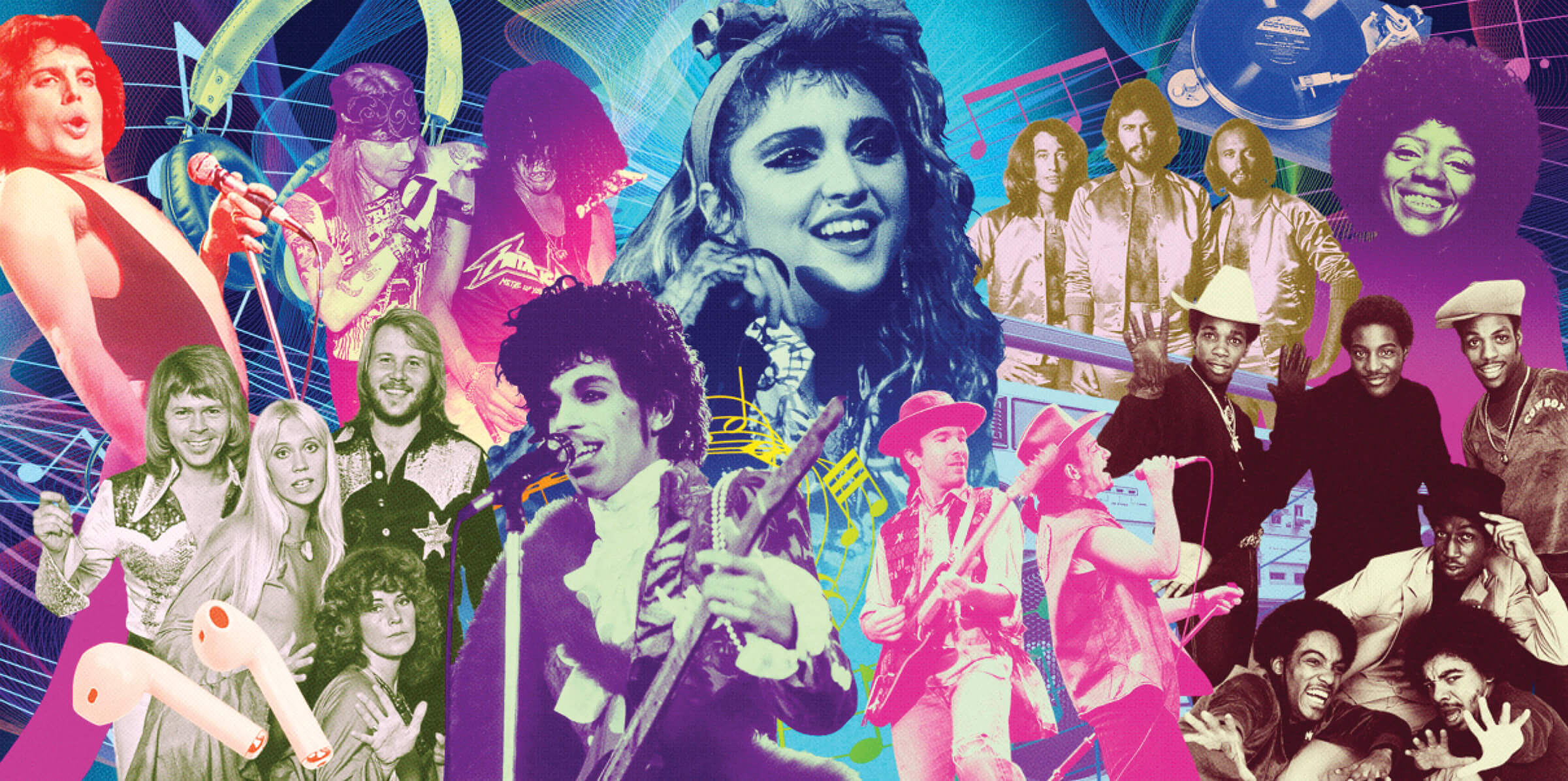 Collage illustration of various popular musical artists, including Madonna, Prince and Mick Jagger
