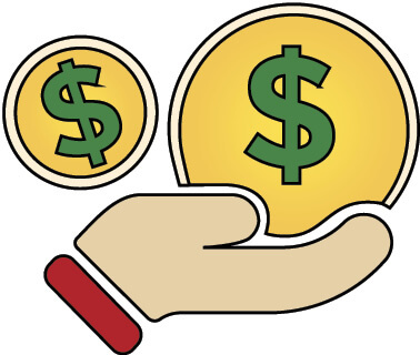 Illustration of a hand holding up two coins with dollar signs on it 