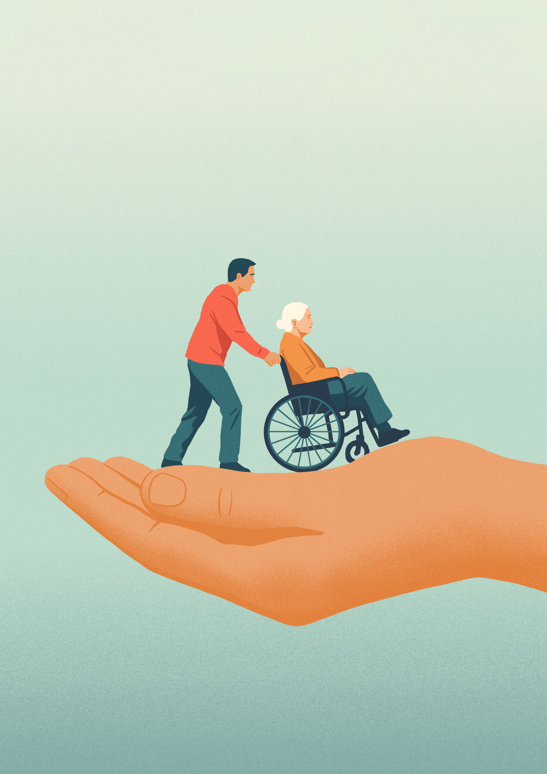 Illustration of a big hand holding a man who is pushing an elderly man on a wheelchair 