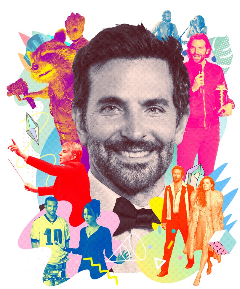 Photo illustration of a portrait of Bradley Cooper surrounded by smaller photos of his famous movie roles