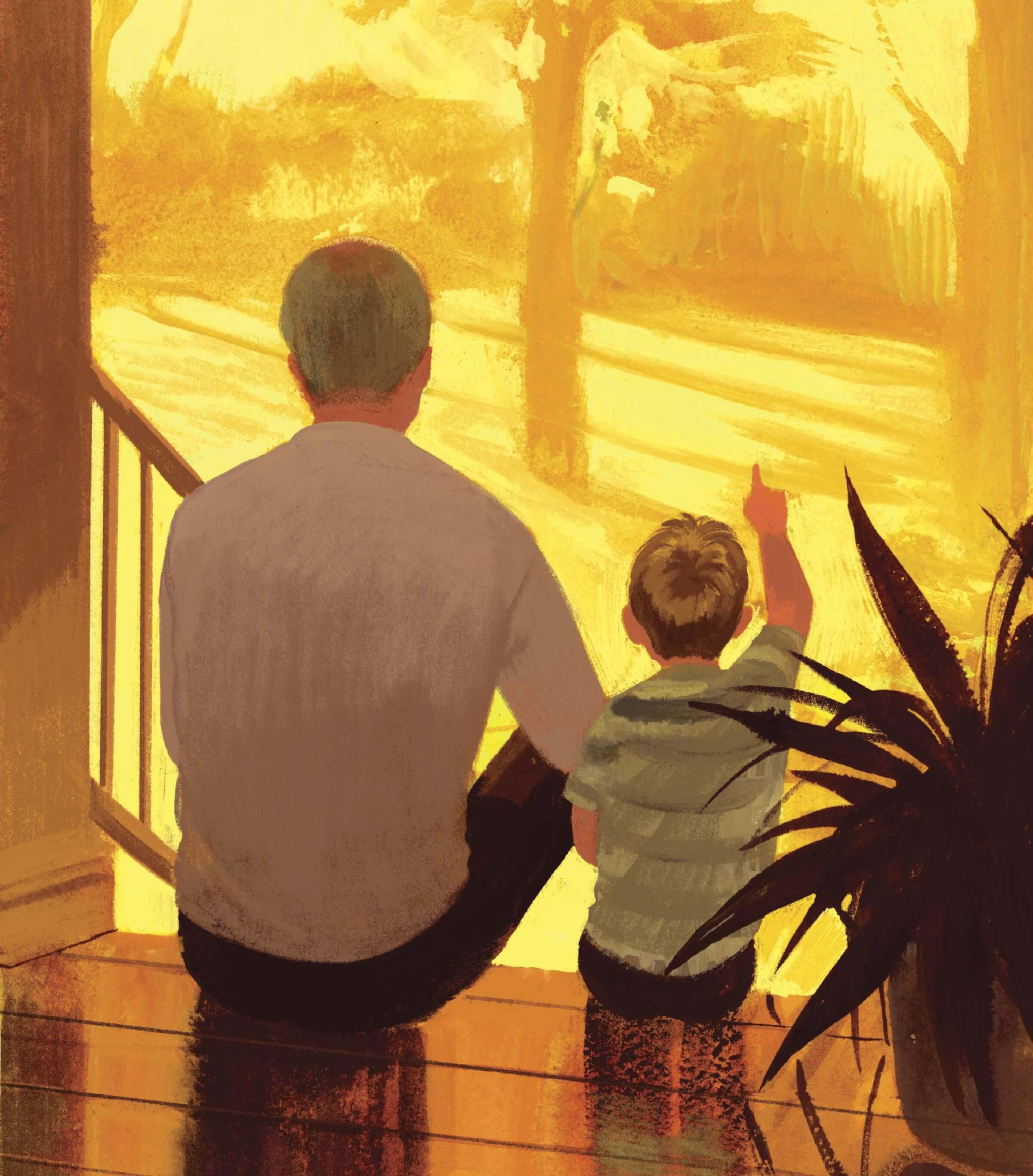 Illustration of a man sitting with a child on the front porch steps while the child points to something in the distance.