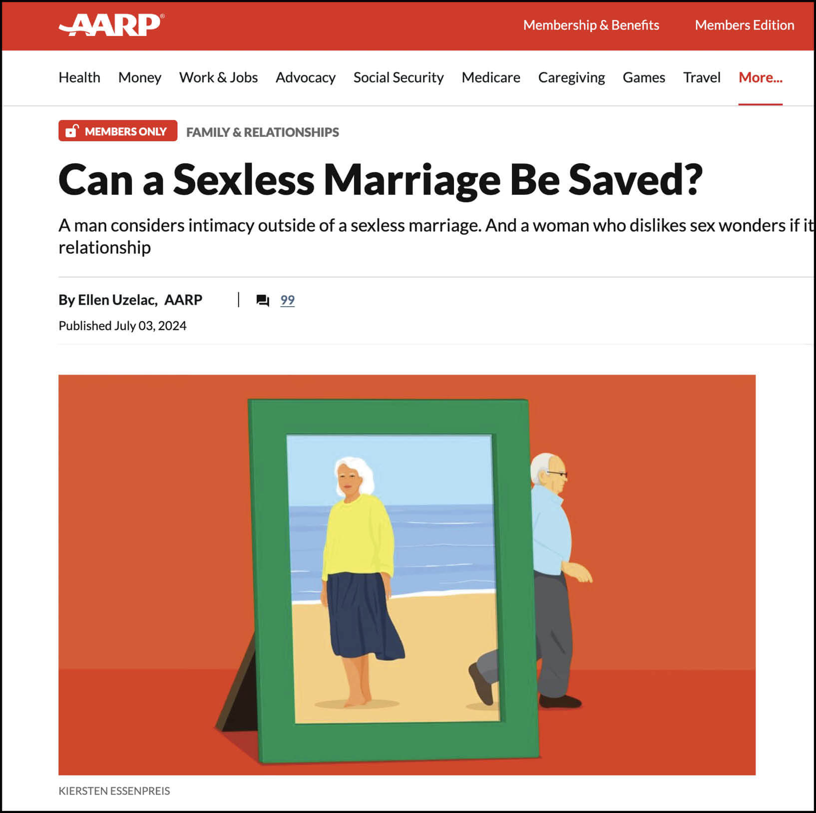 Screenshot of an AARP article called “Can a sexless marriage be saved?”