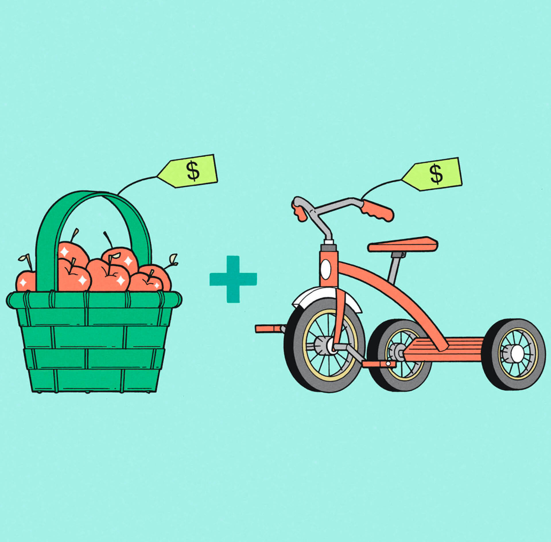 Illustration of a basket full of apples and a child's tricycle with price tags on them