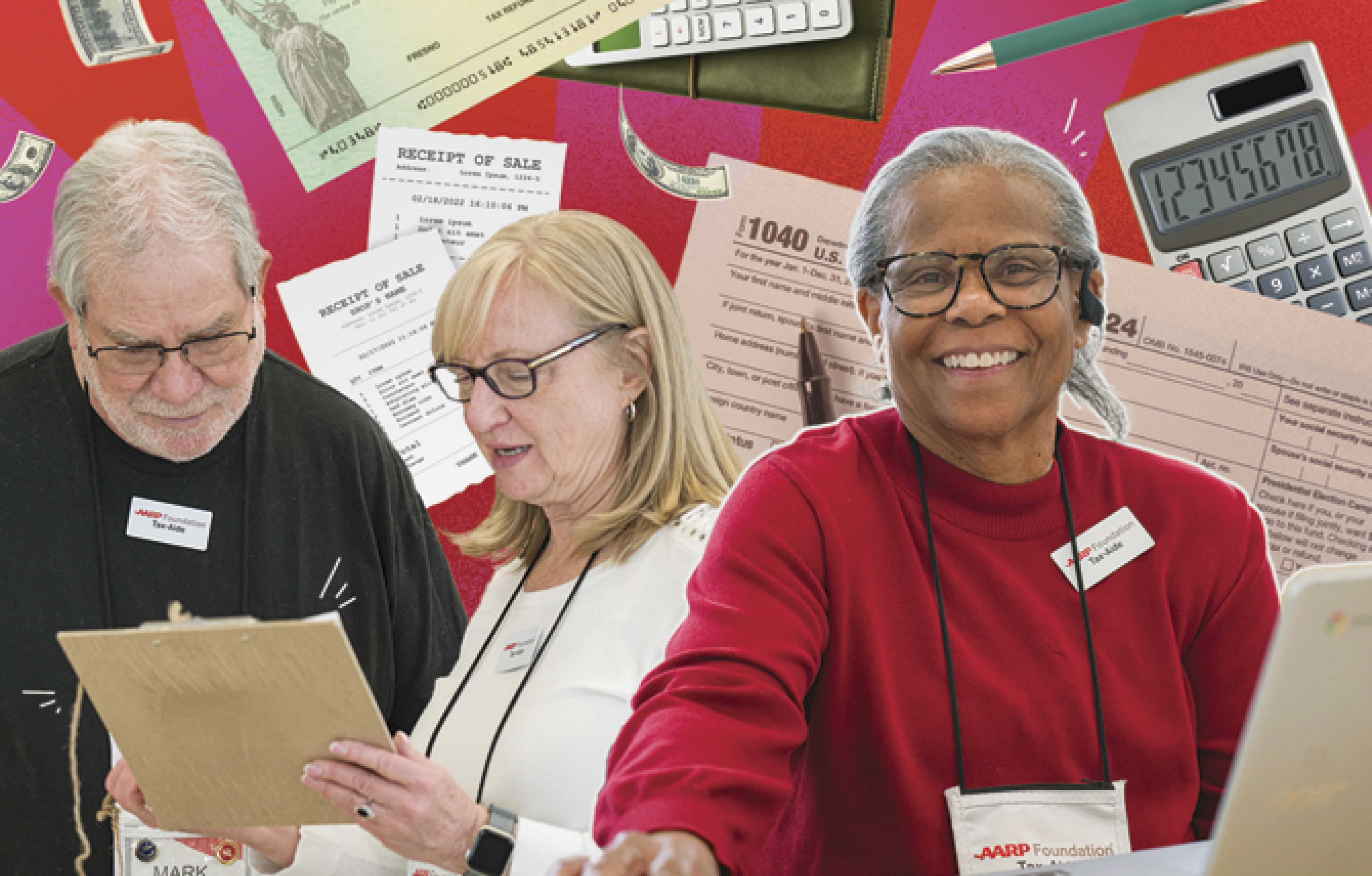 Photo collage of AARP volunteers helping out and surrounded with tax related documentation like 1040 forms, calculators, receipts and dollar bills&nbsp;