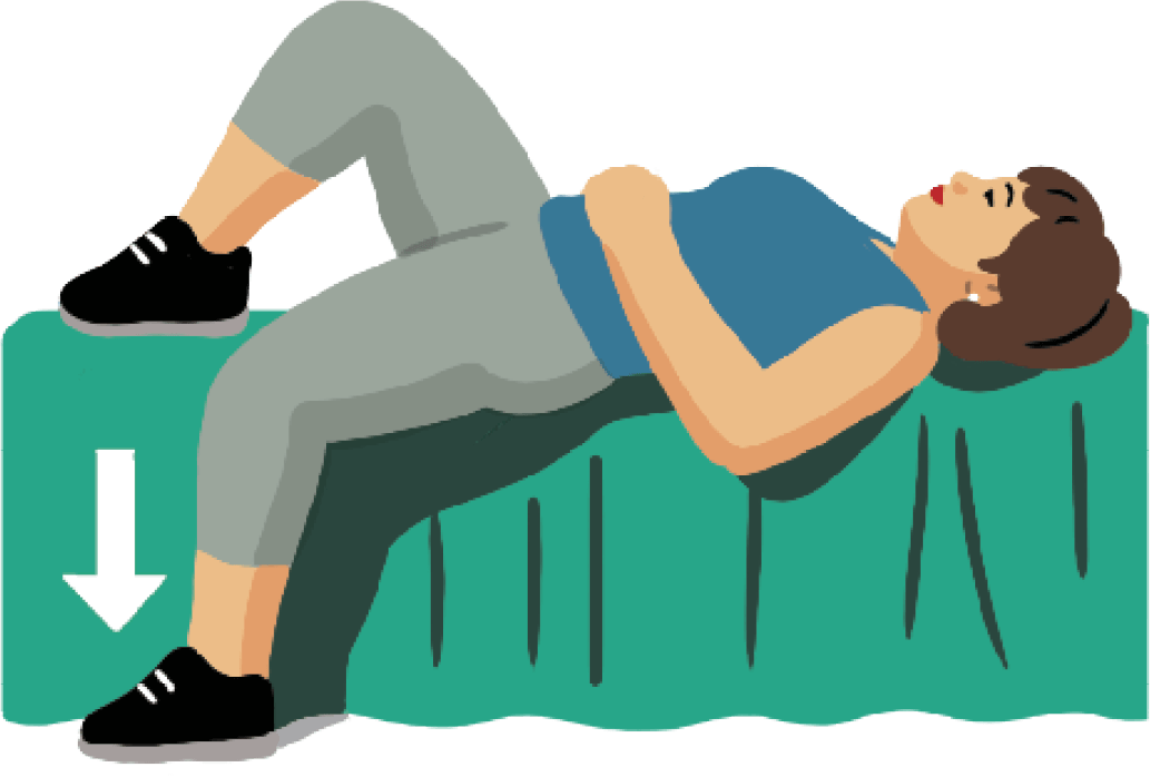 Illustration of a woman lying down on her back on a bed with one leg up.