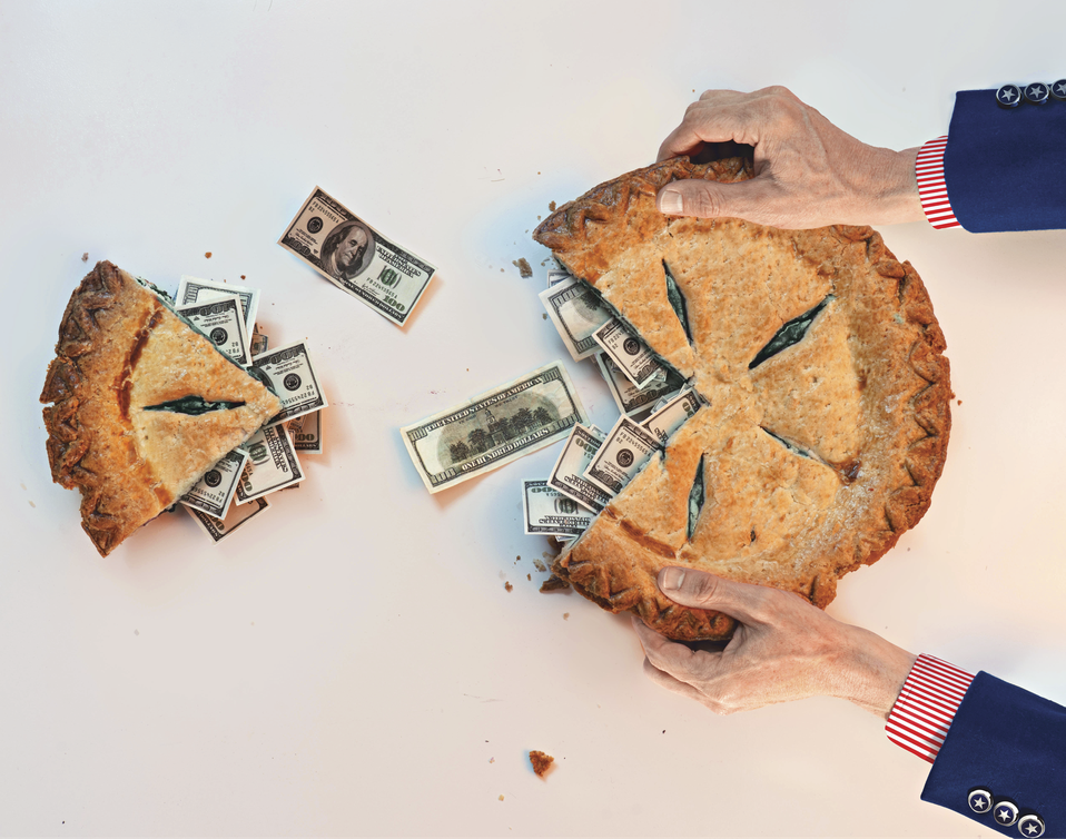A pie open with dollar bills spilling out of it&nbsp;