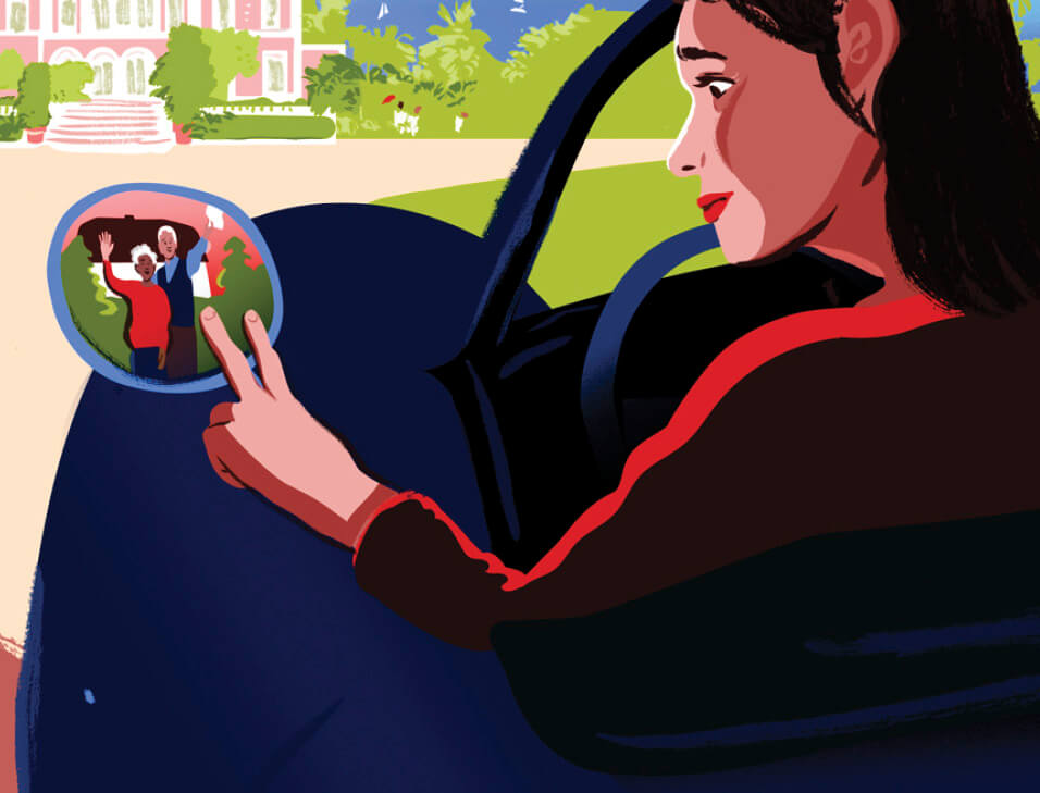 Illustration of a woman driving her car looking in the sideview mirrors to say goodbye to her family&nbsp;