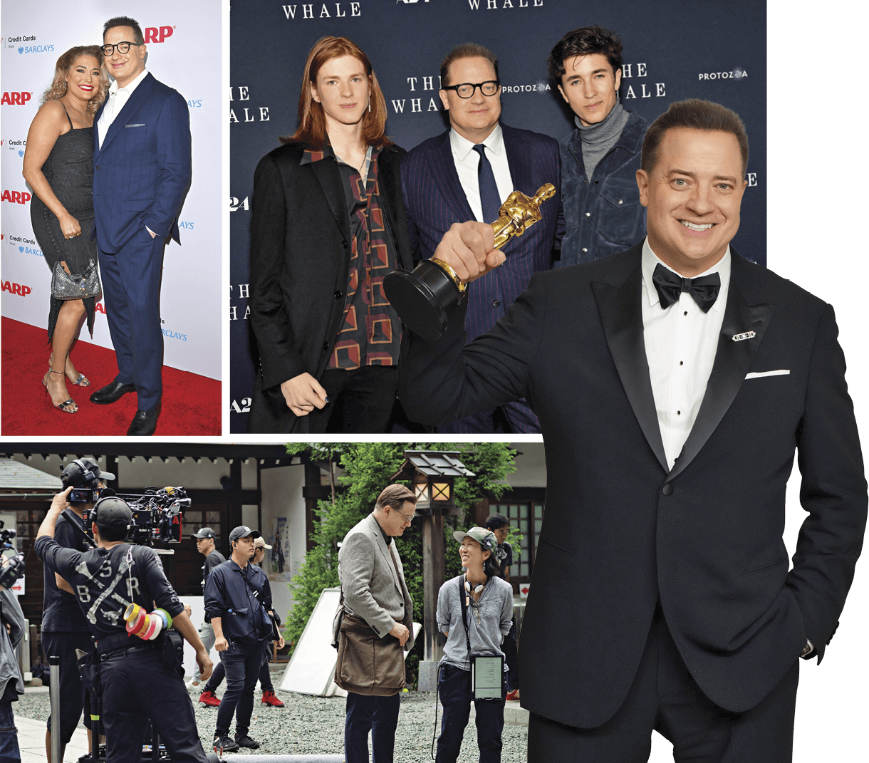 Collage of Brendan Fraser at the AARP Movie for Grownups Awards, with his girlfriend Jeanne Moore, at the premier of the movie The Whale, with his sons, posing with his Oscar and on set with Rental Family director Hikari&nbsp;