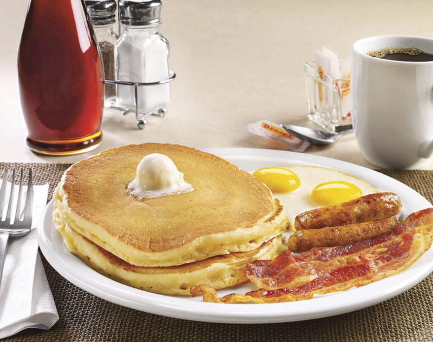 Image of a plate of pancakes, eggs, bacon and sausages&nbsp;