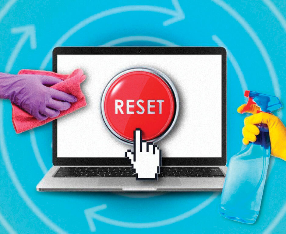 Collage of a laptop screen with a big reset button on it.&nbsp;