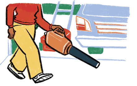Illustration of a person using a leaf blower on the ground.