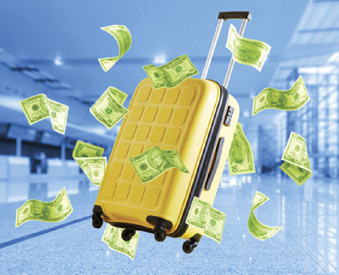 Photocollage of a yellow suitcase hovering in air against the backdrop of an airport with $10 bills flying around it