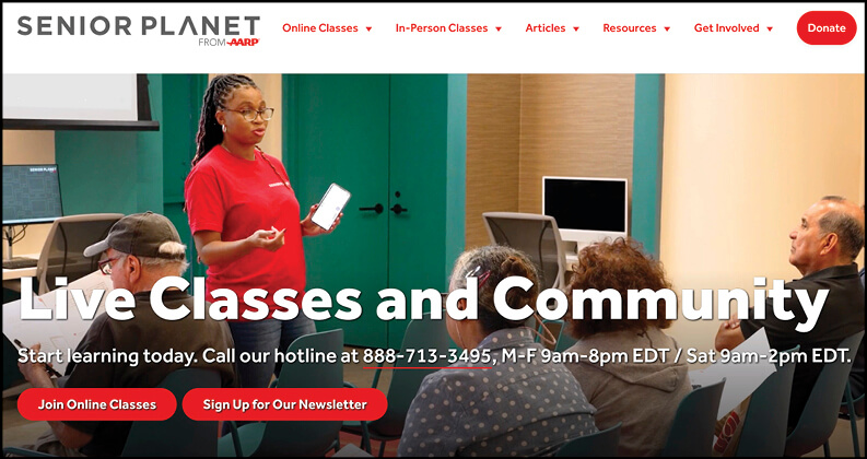 Screenshot of Senior Planet homepage
