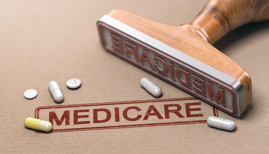 a stamp with medicare in red with pills around it