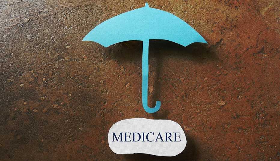 A blue umbrella above a paper that says medicare