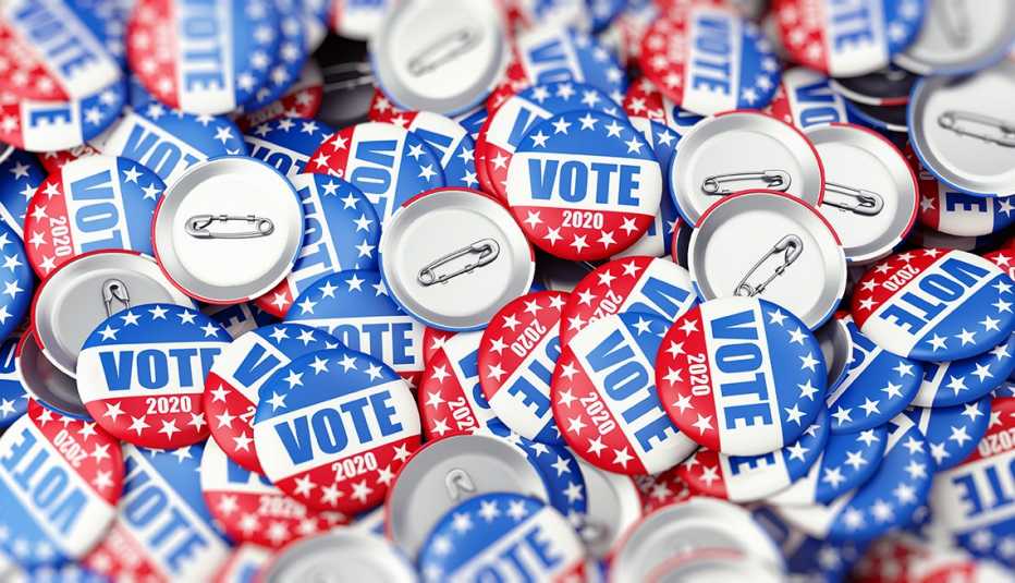 vote twenty twenty badges that are red white and blue with stars at the top and bottom