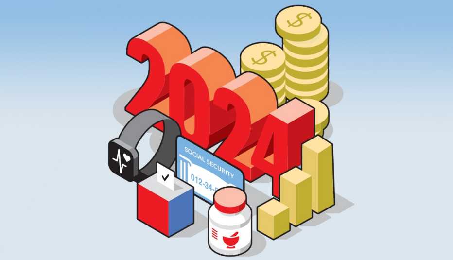 large numbers for twenty twenty four with money a social security card a prescription drug bottle a ballot box and a health wrist fitness tracker