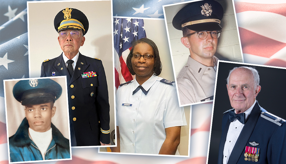 collage of AARP veteran volunteers, from left: Eugene Keith, Lloyd Sodetani, Pamela Henderson, Stu Ervay, and  Leonard Kirschner