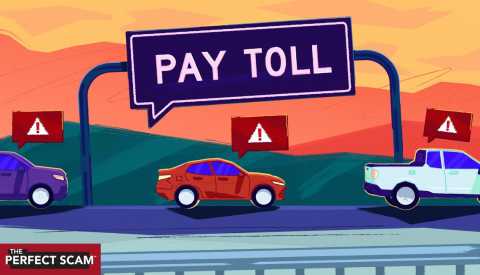 cars driving on a toll road with a sign above them and scam alert symbols above the cars