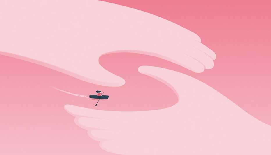 two hands creating a river between them there is a woman in a canoe paddling the river