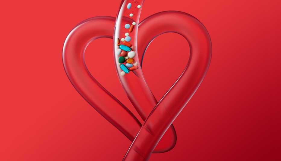 illustration of a clear tube bent into the shape of a heart showing medicine pills falling down into it