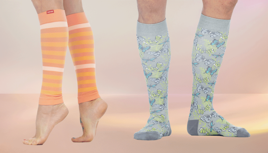 Female and male leg closeups - the legs are wearing knee high compression socks