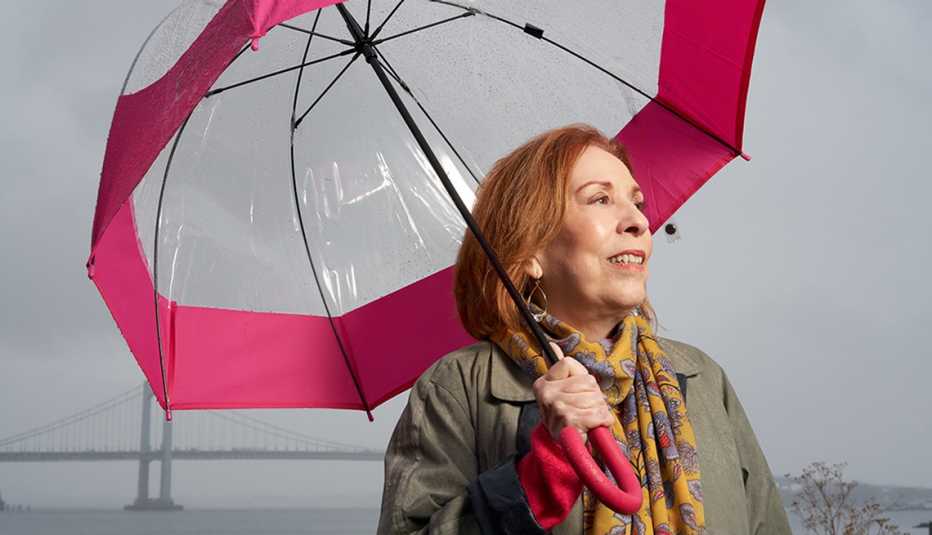 Elizabeth Spiegler out in her neighborhood in Queens on a rainy day