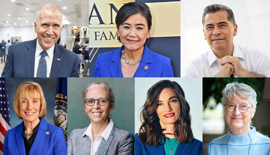 seven prominent caregivers pictured top row senator thom tillis representative judy chu h h s secretary xavier becerra bottom row senator maggie hassan karen appert carrie shaw and maryclare feighan