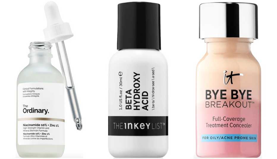 The Ordinary Niacinamide 10 percent plus Zinc 1 percent The INKEY List Beta Hydroxy Acid Blemish and Blackhead Serum IT Cosmetics Bye Bye Breakout Full Coverage Concealer