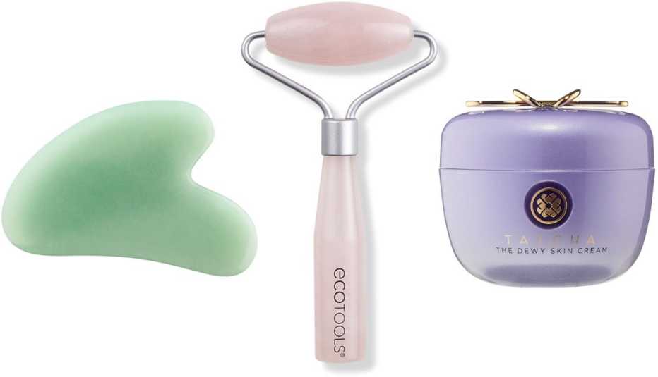 Mount Lai Gua Sha Facial Lifting Tool in Jade; EcoTools Mini Rose Quartz Roller; Tatcha The Dewy Skin Cream Hydrating & Plumping Moisturizer