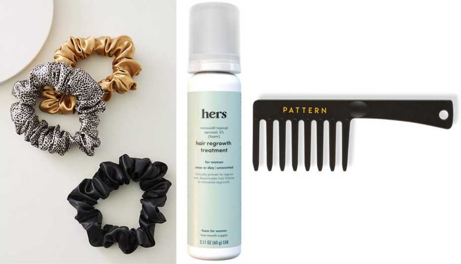 Slip Silk Large Scrunchie Set in Black Motif; hers Hair Regrowth Foam Treatment 5% Minoxidil; Pattern Wide Tooth Comb