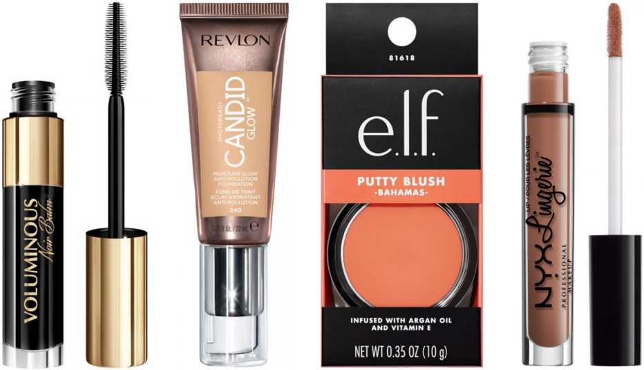 L’Oréal Paris Voluminous Noir Balm Mascara in Black; Revlon Photoready Candid Moisture Glow Anti-Pollution Foundation; e.l.f. Putty Blush; NYX Professional Makeup Lip Lingerie Lipstick