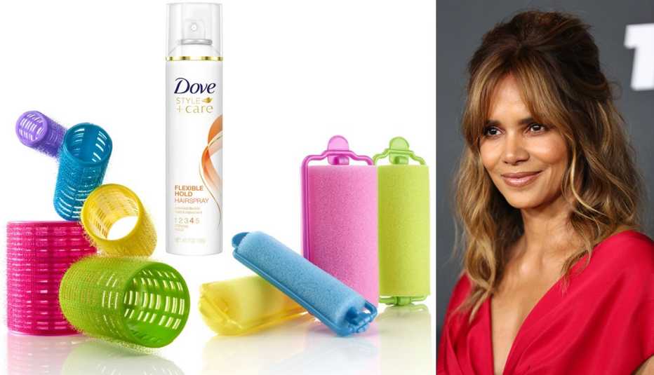 Conair Smooth Waves Self-Grip Rollers ($16, cvs.com); Dove Style+Care Flexible Hold Hairspray﻿ ($7, walgreens.com); Conair Foam Sponge Self-Fastening Rollers ($9, walmart.com); Halle Berry wearing half﻿-up﻿, half-down hair with volume