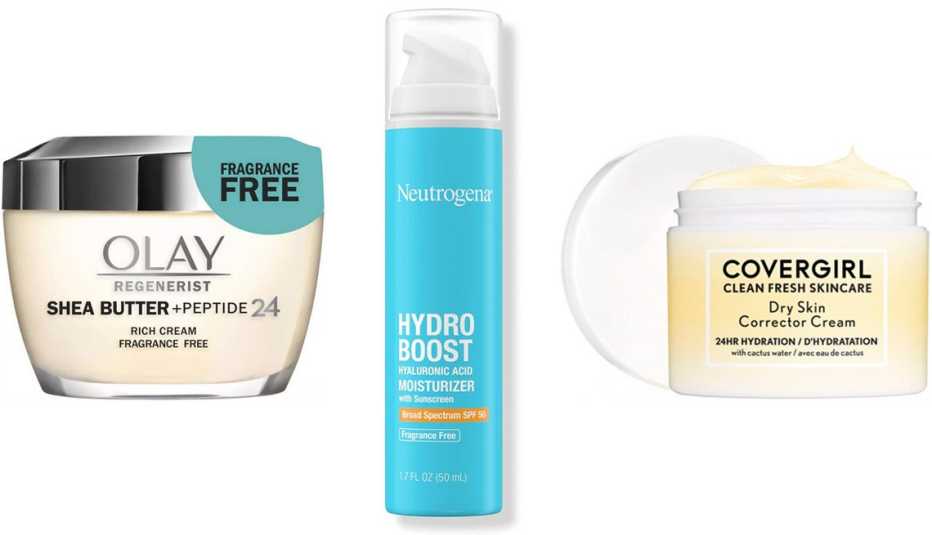 Olay Regenerist Shea Butter + Peptide 24 Rich Cream; Neutrogena Hydro Boost Hyaluronic Acid Moisturizer SPF 50; Cover Girl Clean Fresh Skincare Dry Skin Corrector Cream