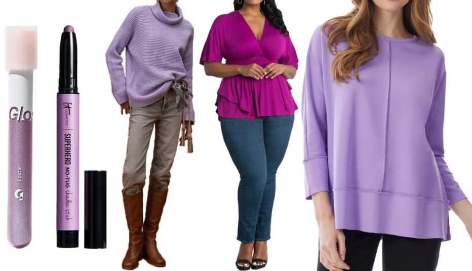 Glossier Lidstar in Lily; It Cosmetics Superhero No-Tug Eyeshadow Stick in Epic Amethyst; Anthropologie Pilcro Plus Cowl Neck Sweater in Lavender; Kiyonna Plus Promenade Top in Orchid; Jones New York Dolman Sleeve Tunic Top ﻿in Deep Lilac